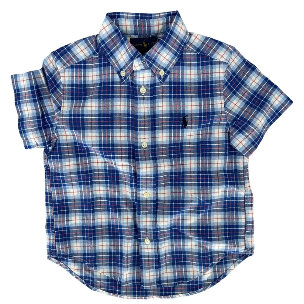 Ralph Lauren Button Down Shirt Kids 3T Blue Plaid Short Sleeve‎ Preppy Classic